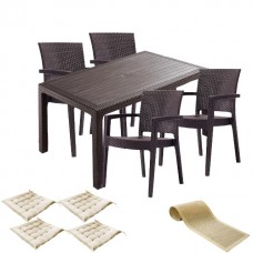 Mobiler terasa set CULINARO SILLAMAEE imitatie ratan, masa 90x150x75cm, 4 scaune 62x58xH88cm polipropilena/fibra sticla maro, 4 perne scaun, traversa 