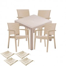 Set mobilier gradina CULINARO SILLAMAEE imitatie ratan, masa patrata 90x90x75cm, 4 scaune 62x58xH88cm polipropilena/fibra sticla culoare cappuccino, 4 perne scaun