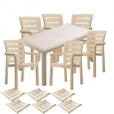 Set curte, gradina CULINARO PALMSE imitatie ratan, masa 90x150x75cm, 6 scaune D60xH90xW57xSH45cm polipropilena/fibra sticla culoare cappuccino, 6 perne scaun