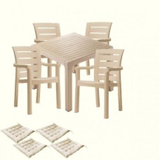 Set gradina CULINARO PARNU, masa patrata 90x90x75cm, 4 scaune D60xH90xW57xSH45cm polipropilena/fibra sticla culoare cappuccino, 4 perne scaun