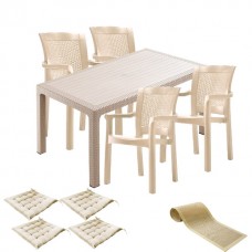 Set mobila gradina CULINARO KEILA imitatie ratan, masa 90x150x75cm, 4 scaune 57x60xH90cm polipropilena/fibra sticla culoare cappuccino, 4 perne scaun, traversa 