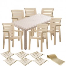 Set exterior gradina, terasa CULINARO PALMSE imitatie ratan, masa 90x150x75cm, 6 scaune D60xH90xW57xSH45cm polipropilena/fibra sticla culoare cappuccino, 6 perne scaun, traversa 