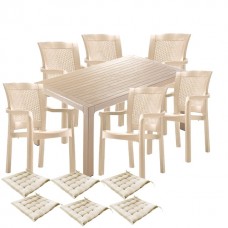 Set gradina, terasa CULINARO RISTI, masa 90x150x75cm, 6 scaune 57x60xH90cm polipropilena/fibra sticla culoare cappuccino, 6 perne scaun