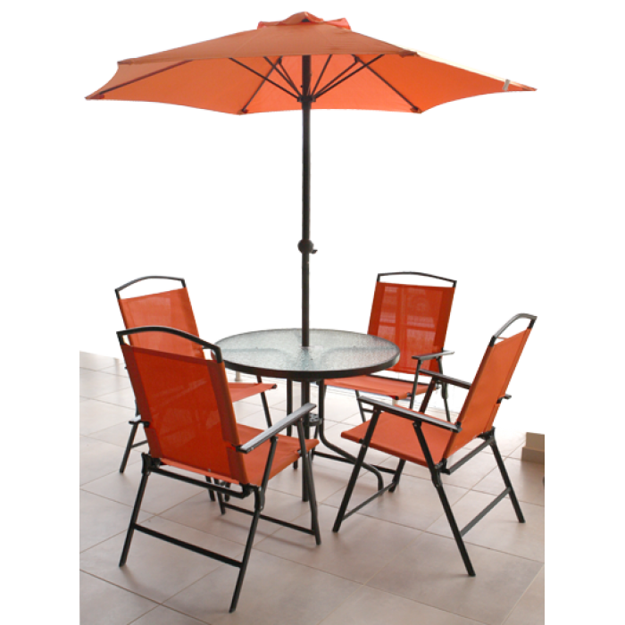Set mobilier terasa/gradina RAKI, masa rotunda D80cm, umbrela D180cm portocalie si 4 scaune pliabile