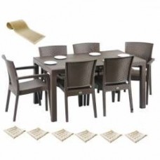 Set exterior gradina CULINARO RAPLA, masa 90x150x75cm, 6 scaune 62x58xH88cm polipropilena/fibra sticla maro, 6 perne scaun, traversa 