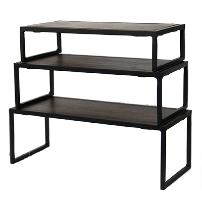 Set 3 standuri expunere bufet RAKI, metal cu blat lemn, 31x13xh7,5cm/36x13xh10cm/41x13xh12cm