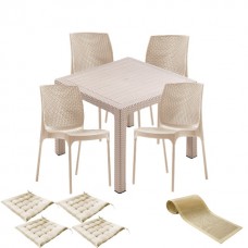 Set terasa CULINARO VIHULA imitatie ratan, masa patrata 90x90x75cm, 4 scaune D56xH84xW45xSH45cm polipropilena/fibra sticla culoare cappuccino, 4 perne scaun, traversa PANARI 40x150cm
