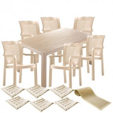 Set exterior gradina CULINARO RISTI, masa 90x150x75cm, 6 scaune 57x60xH90cm polipropilena/fibra sticla culoare cappuccino, 6 perne scaun, traversa 