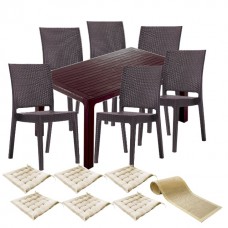 Set exterior gradina CULINARO LIHULU, masa 90x150x75cm, 6 scaune 59x44xH88cm polipropilena/fibra sticla maro, 6 perne scaun, traversa 
