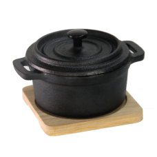 Mini oala rotunda fonta D9,2cm cu suport bambus RAKI