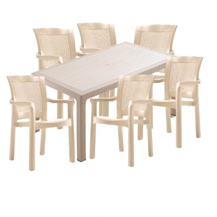 Set exterior gradina CULINARO KEILA imitatie ratan, masa 90x150x75cm, 6 scaune 57x60xH90cm polipropilena/fibra sticla culoare cappuccino