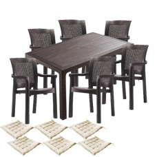Set mobila curte, terasa CULINARO KEILA imitatie ratan, masa 90x150x75cm, 6 scaune 57x60xH90cm polipropilena/fibra sticla maro, 6 perne scaun