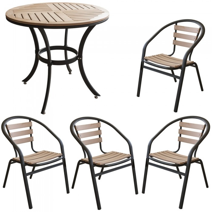 RAKI Set terasa masa rotunda POLYWOOD NATURAL 80x72cm cu 4 scaune 77x40x37cm