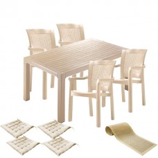 Mobila gradina CULINARO RISTI, masa 90x150x75cm, 4 scaune 57x60xH90cm polipropilena/fibra sticla culoare cappuccino, 4 perne scaun, traversa 