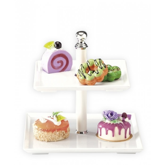 Stand prezentare melamina RAKI, 25x25xh23cm, cu 2 niveluri 25x25cm/20x20cm, alb