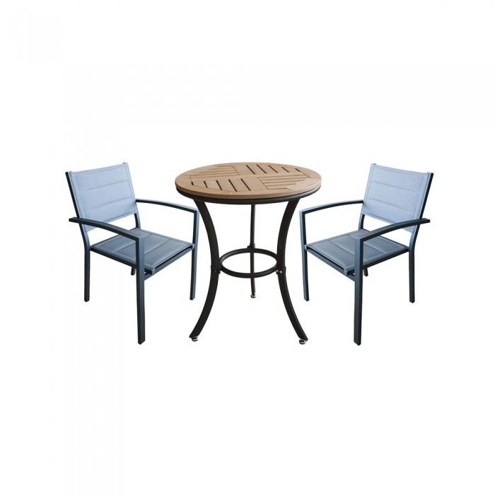 RAKI HUNA Set terasa/balcon masa rotunda polywood 78xh74cm cu 2 scaune cu brate, din panza dubla cu cadru aluminiu