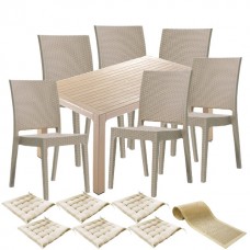 Set exterior gradina CULINARO LIHULU, masa 90x150x75cm, 6 scaune 59x44xH88cm polipropilena/fibra sticla culoare cappuccino, 6 perne scaun, traversa 