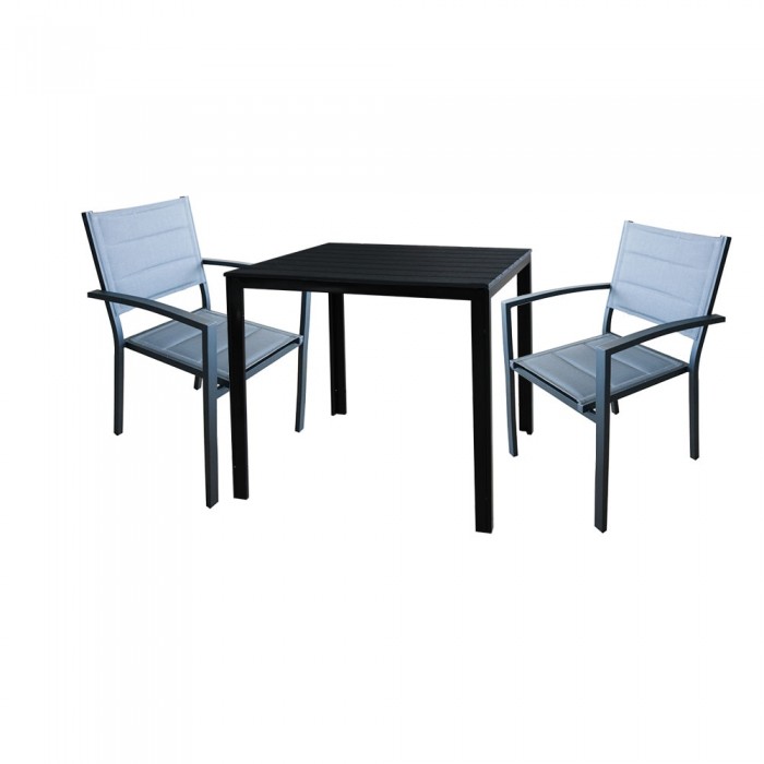 RAKI BAKA Set terasa/balcon masa patrata neagra 78xh74cm cu 2 scaune cu brate, din panza dubla cu cadru aluminiu