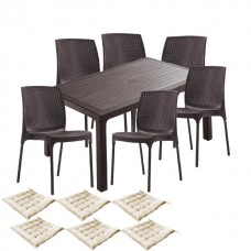 Set mobila gradina, terasa CULINARO VIHULA imitatie ratan, masa 90x150x75cm, 6 scaune D56xH84xW45xSH45cm polipropilena/fibra sticla maro, 6 perne scaun
