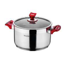 Oala inox cu capac sticla si manere rosii, inductie, HASCEVHER YAPRAK 26xh16cm, 8,5l