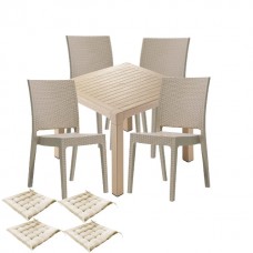 Set gradina CULINARO LIHULU, masa patrata 90x90x75cm, 4 scaune 59x44xH88cm polipropilena/fibra sticla culoare cappuccino, 4 perne scaun