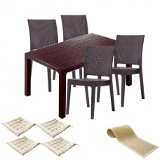 Set mobilier terasa CULINARO LIHULU, masa 90x150x75cm, 4 scaune 59x44xH88cm polipropilena/fibra sticla maro, 4 perne scaun, traversa 