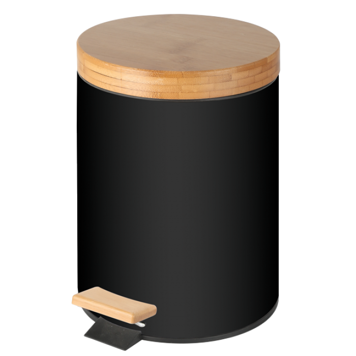Cos de gunoi baie RAKI ICIKALA cu pedala si capac bambus 5l 20,5x27,5cm negru