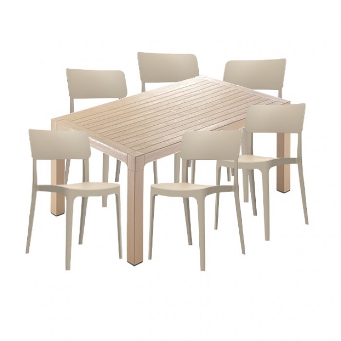 Set bar CULINARO RAPLA, masa 90x150x75cm culoare cappuccino, 6 scaune 47,1x45,3xH81,9cm polipropilena/fibra sticla culoare bej