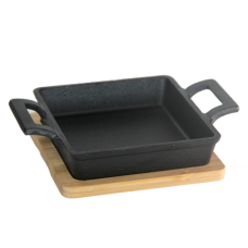 Mini tigaie patrata fonta cu 2 manere RAKI 12x12cm cu suport bambus