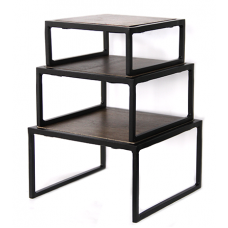 Set 3 standuri bufet RAKI, metal cu blat lemn, 15x15xh7,5cm/20x20xh10cm/25x25xh12cm