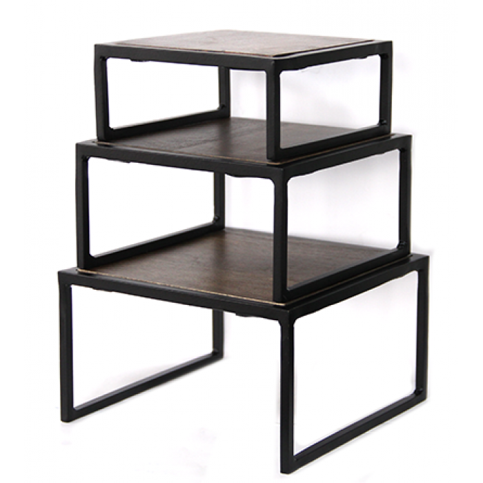 Set 3 standuri bufet RAKI, metal cu blat lemn, 15x15xh7,5cm/20x20xh10cm/25x25xh12cm