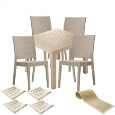 Set mobilier gradina CULINARO LIHULU, masa patrata 90x90x75cm, 4 scaune 59x44xH88cm polipropilena/fibra sticla culoare cappuccino, 4 perne scaun, traversa PANARI 40x150cm