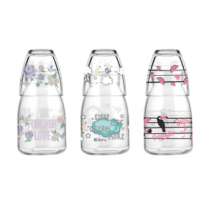 Carafa cu pahar din sticla RAKI TEENY, carafa 500ml, pahar 210ml, diferite decoruri si culori