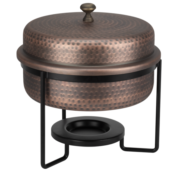 Chafing dish rotund CULINARO ANTIQUE, inox texturat cu invelis cupru antichizat si suport negru, D33,5cm, 5lt
