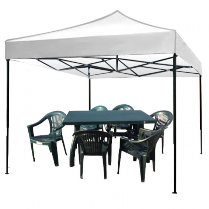 Cort pavilion pliabil 3x3m CULINARO otel cu panza impermeabila alba, masa 140x80xh73cm si 6 scaune 53x45xh78cm plastic verde