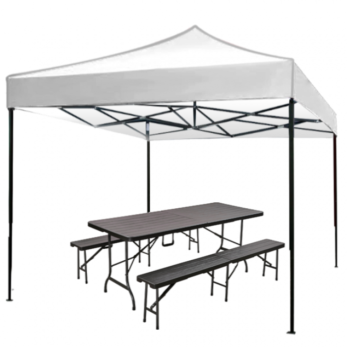 Cort pavilion pliabil 3x3m CULINARO otel cu panza impermeabila alba, masa 180x84xh72cm si 2 banci 180x25xh43cm pliabile