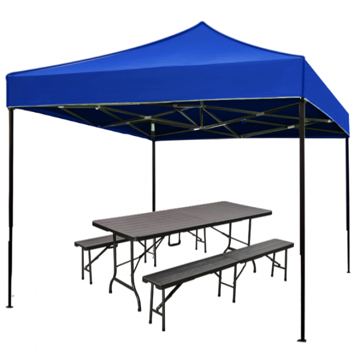 Cort pavilion pliabil 3x3m CULINARO otel cu panza impermeabila albastra, masa 180x84xh72cm si 2 banci 180x25xh43cm pliabile