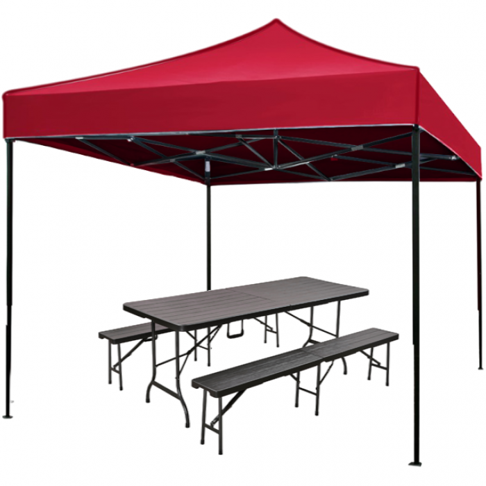Cort pavilion pliabil 3x3m CULINARO otel cu panza impermeabila rosie, masa 180x84xh72cm si 2 banci 180x25xh43cm pliabile