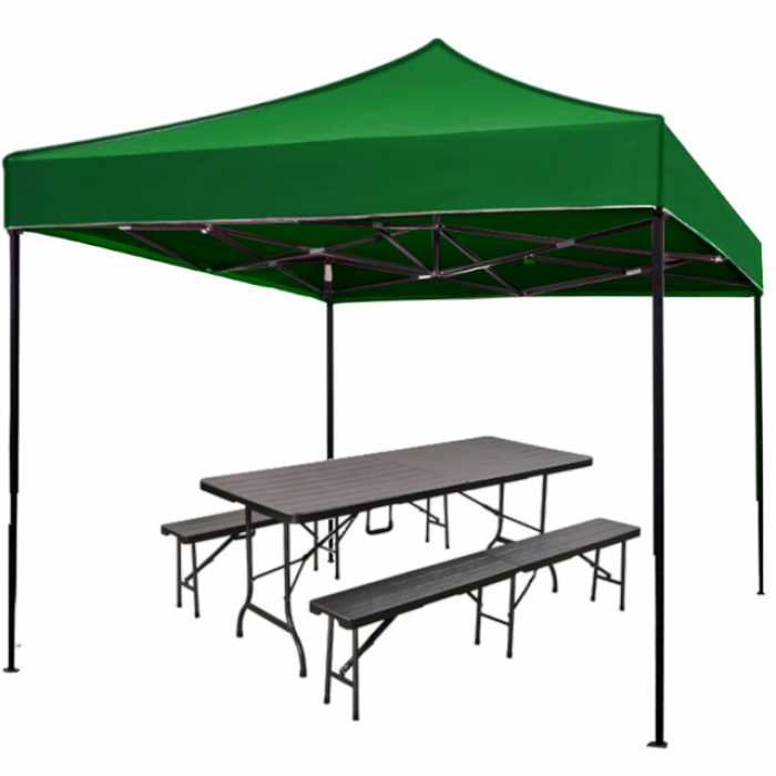 Cort pavilion pliabil 3x3m CULINARO otel cu panza impermeabila verde, masa 180x84xh72cm si 2 banci 180x25xh43cm pliabile