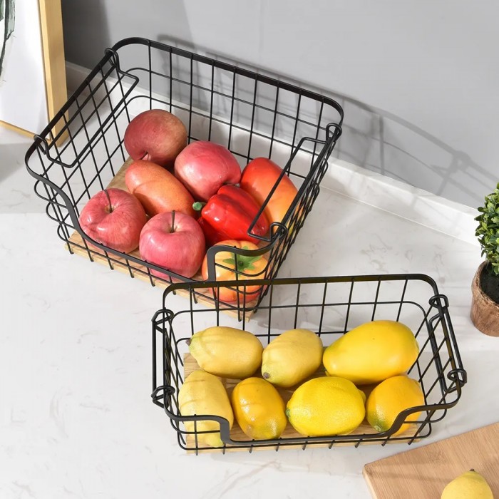 Cos depozitare legume/fructe dreptunghiular CULINARO HOME, metal/lemn, 30,9x16xh14,5cm, negru mat