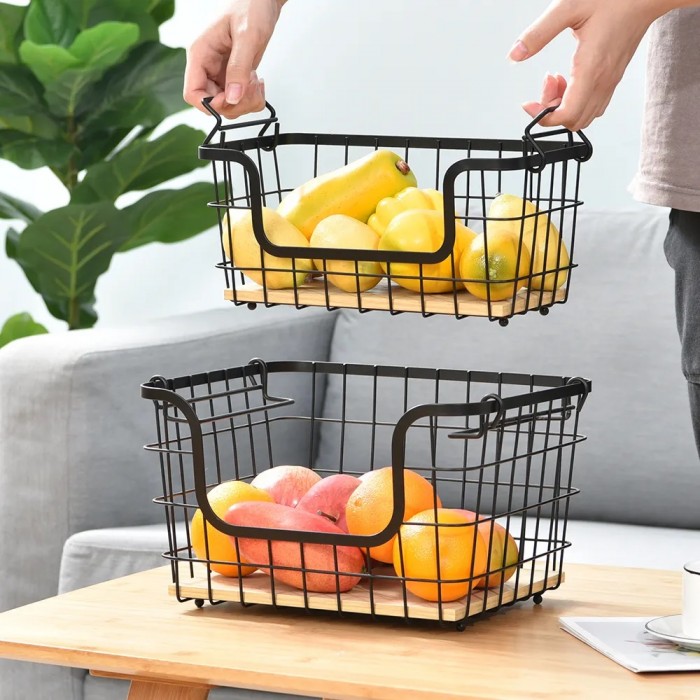 Cos depozitare legume/fructe dreptunghiular CULINARO HOME, metal/lemn, 30,9x16xh14,5cm, negru mat