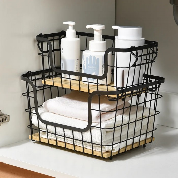 Cos depozitare legume/fructe dreptunghiular CULINARO HOME, metal/lemn, 30,9x16xh14,5cm, negru mat