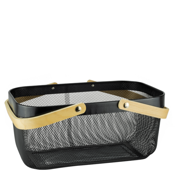 Cos metalic dreptunghiular cu maner din lemn, universal, CULINARO WICKED, 40x25xh18cm, negru