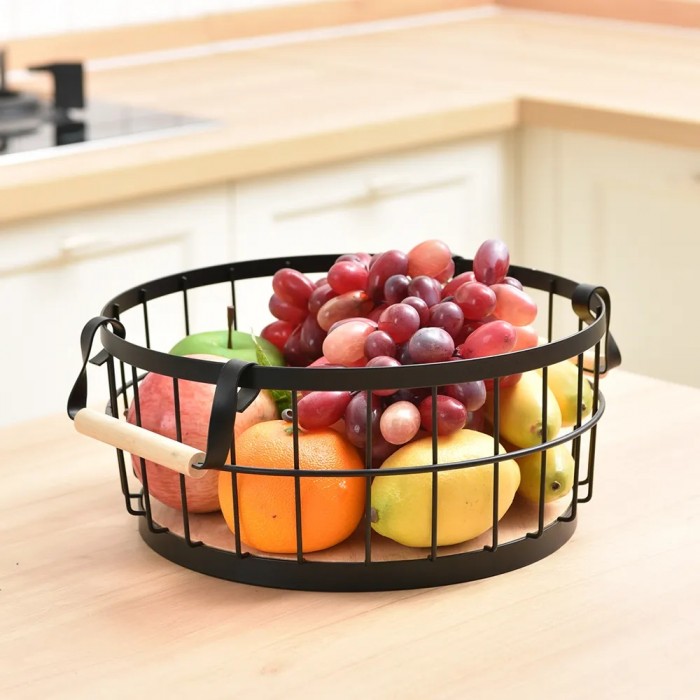 Cos pentru fructe rotund cu manere CULINARO HOME, metal/lemn, D28,2xh12,3cm, negru mat