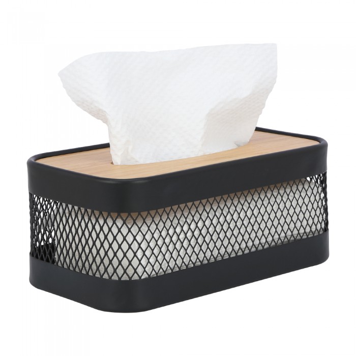 Cutie depozitare servetele cu capac CULINARO HOME, 25x10xh14cm, plasa metalica si capac lemn, negru mat