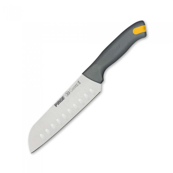 Cutit Santoku profesional PIRGE GASTRO, lama inox 17cm cu alveole, maner gri