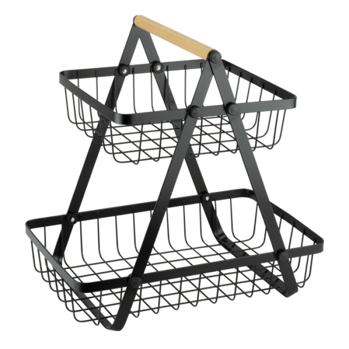 Fructiera cu 2 niveluri dreptunghiulara CULINARO OLD SCHOOL, metal cu maner lemn, neagra