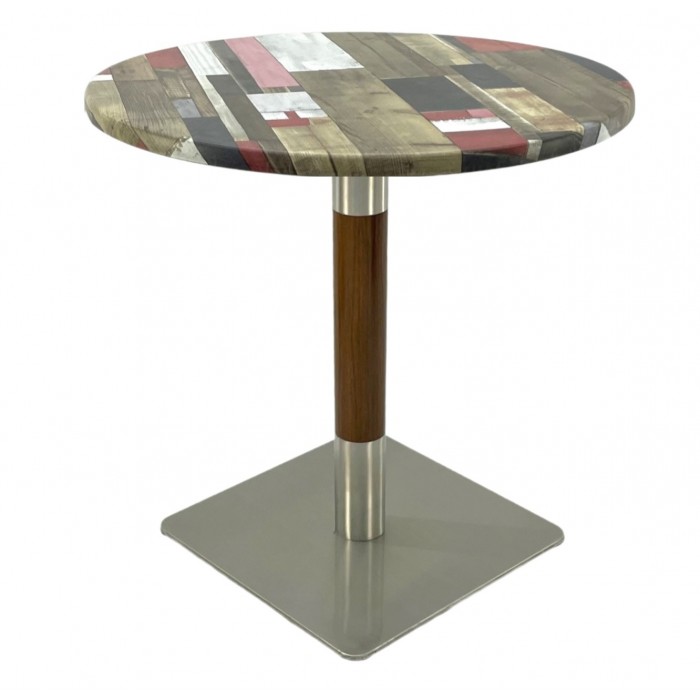 Masa bistro rotunda Raki Redden Wood, D60xh74cm, blat werzalit si picior metalic cu baza patrata argintiu cu accente aspect lemn