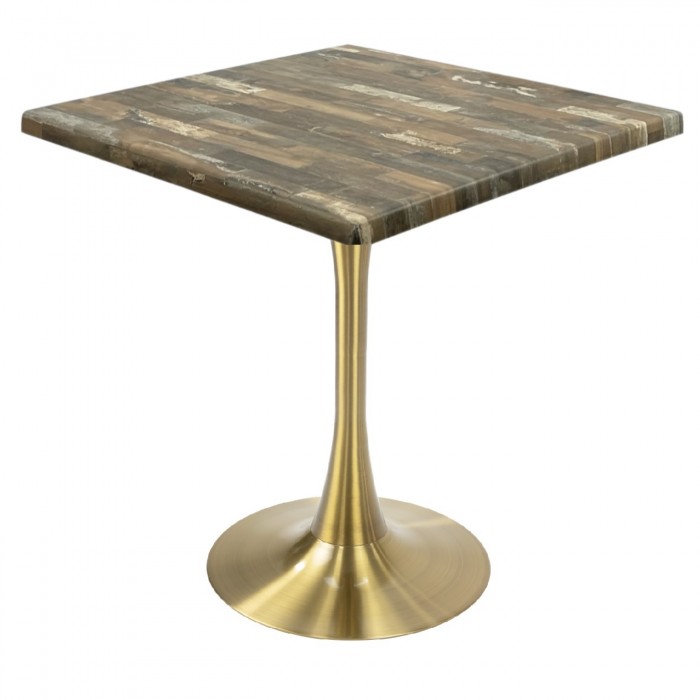 Masa patrata pentru restaurant/cafenea Raki Maracaibo, 80x80xh74cm, blat werzalit si picior central metalic auriu cu baza rotunda 50cm