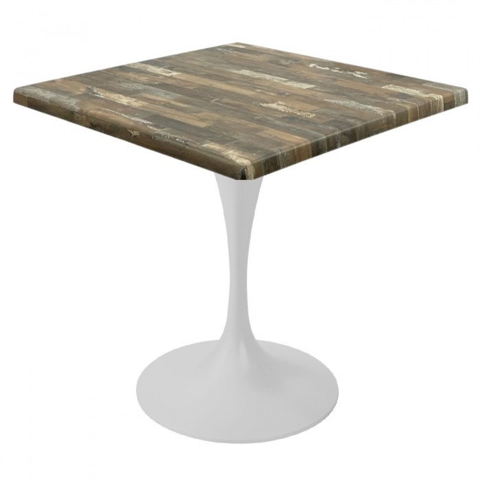 Masa patrata pentru restaurant/cafenea Raki Maracaibo, 80x80xh74cm, blat werzalit si picior metalic alb cu baza rotunda 50cm